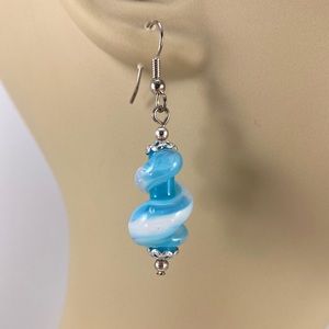 Lamp Work Twist Earrings, Handmade, Sky Blue, Artisan Glass, Handmade Beads